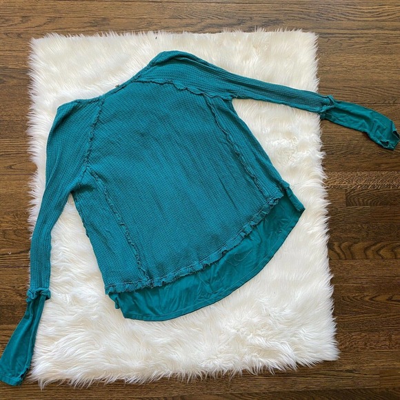 We The Free People Dark Teal Blue Heather Boho Ruffle Distressed Blouse Sz Large - Picture 8 of 9